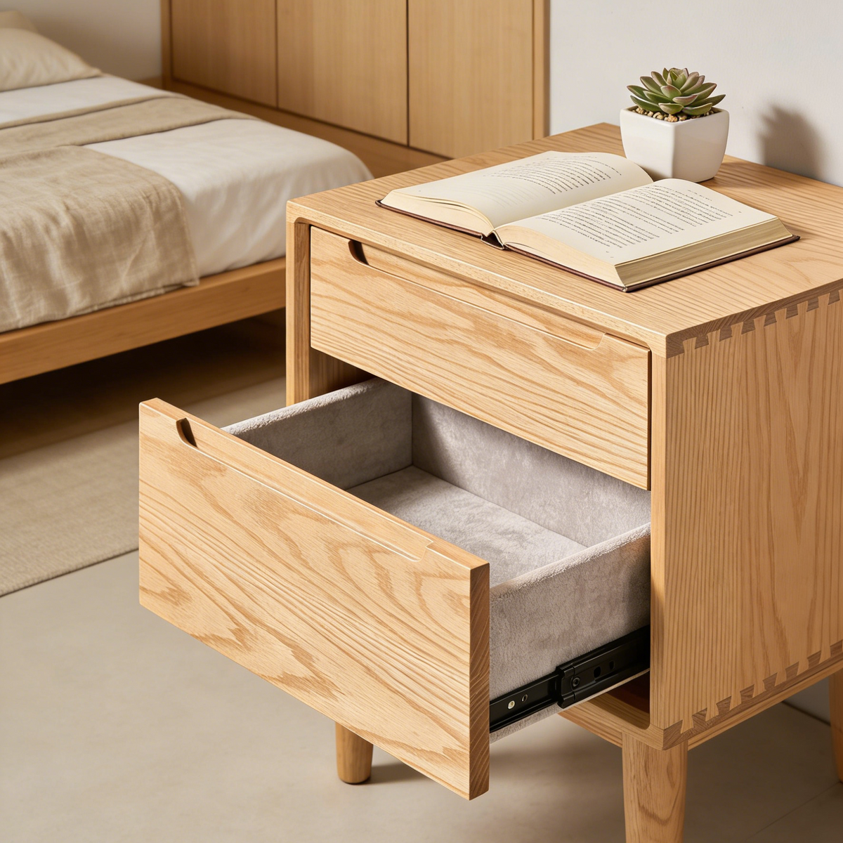 Natural Oak 2-Drawer Nightstand - Mid-Century Bedside Table with Velvet Lined Drawers