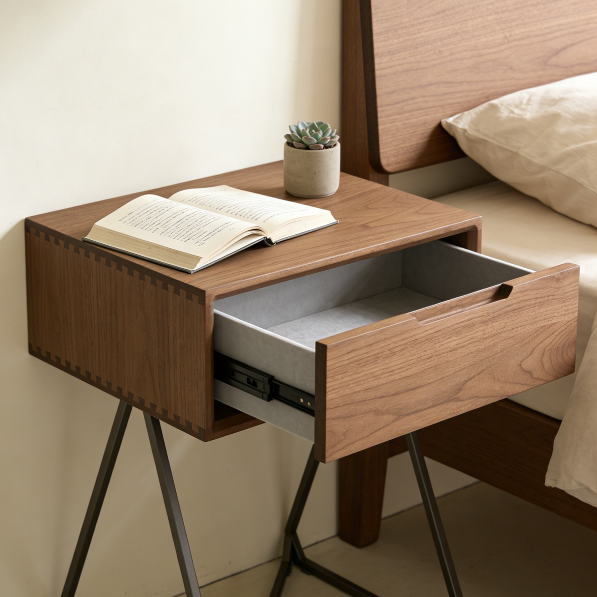 Walnut Wood Side Table with Drawer - Industrial Metal Frame Nightstand for Living Room & Bedroom