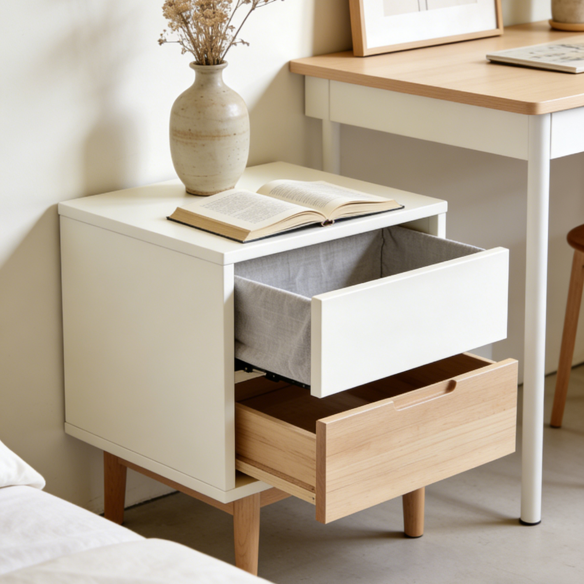 Two-Tone Wood & White Nightstand - 2-Drawer Bedside Table with Fabric Lined Drawer