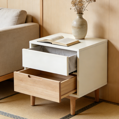 Two-Tone Wood & White Nightstand - 2-Drawer Bedside Table with Fabric Lined Drawer