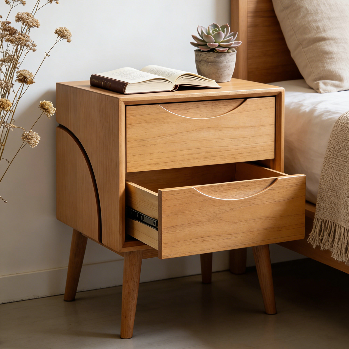 Curved Side Oak 2-Drawer Nightstand - Mid-Century Modern Bedside Table with Crescent Handles
