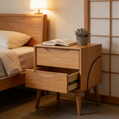 Curved Side Oak 2-Drawer Nightstand - Mid-Century Modern Bedside Table with Crescent Handles