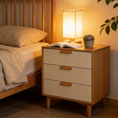Oak & Cream 3-Drawer Nightstand - Modern Bedside Table with Wooden Handles