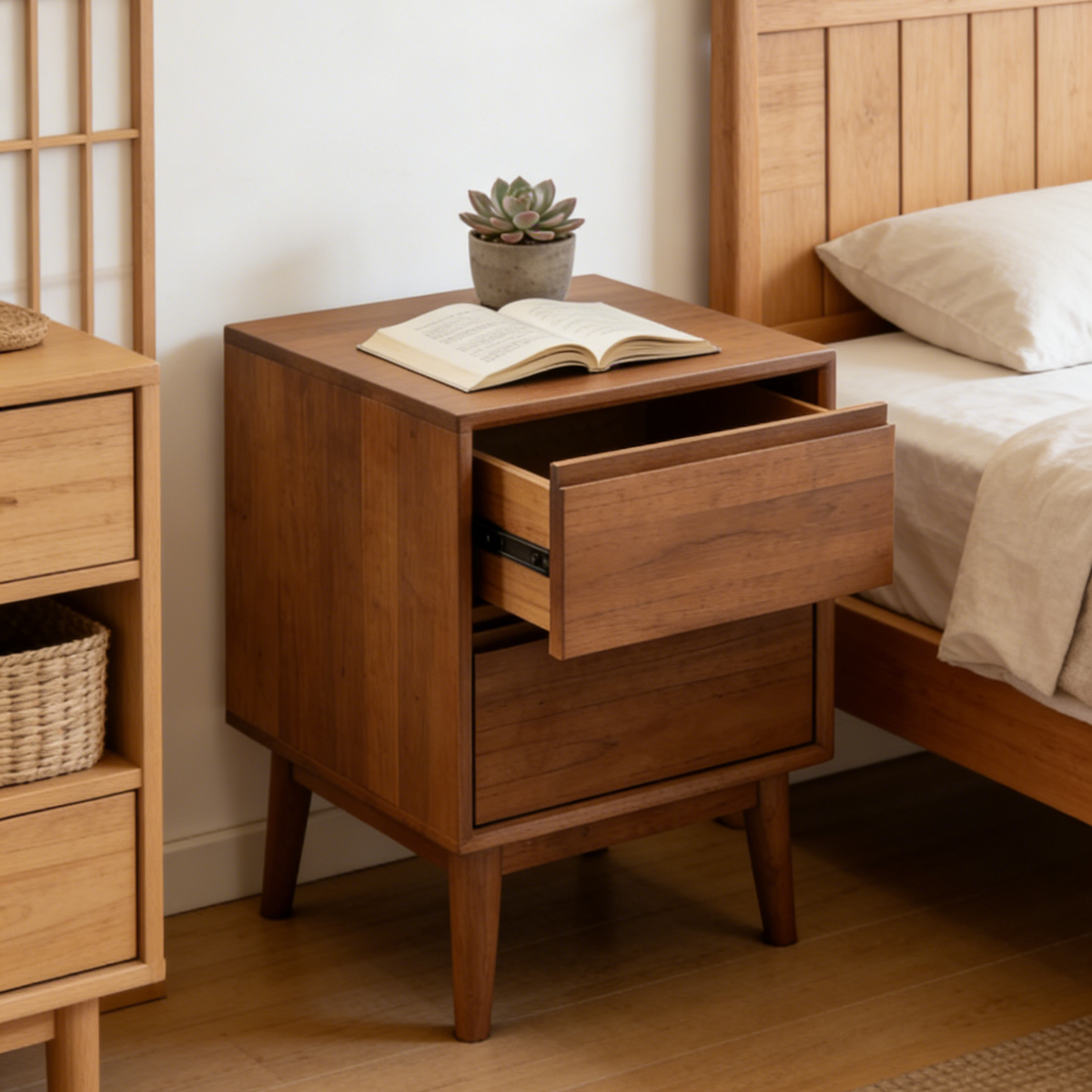 Dark Walnut 2-Drawer Nightstand - Minimalist Mid-Century Bedside Table for Bedroom