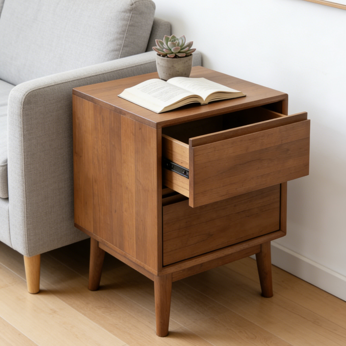 Dark Walnut 2-Drawer Nightstand - Minimalist Mid-Century Bedside Table for Bedroom