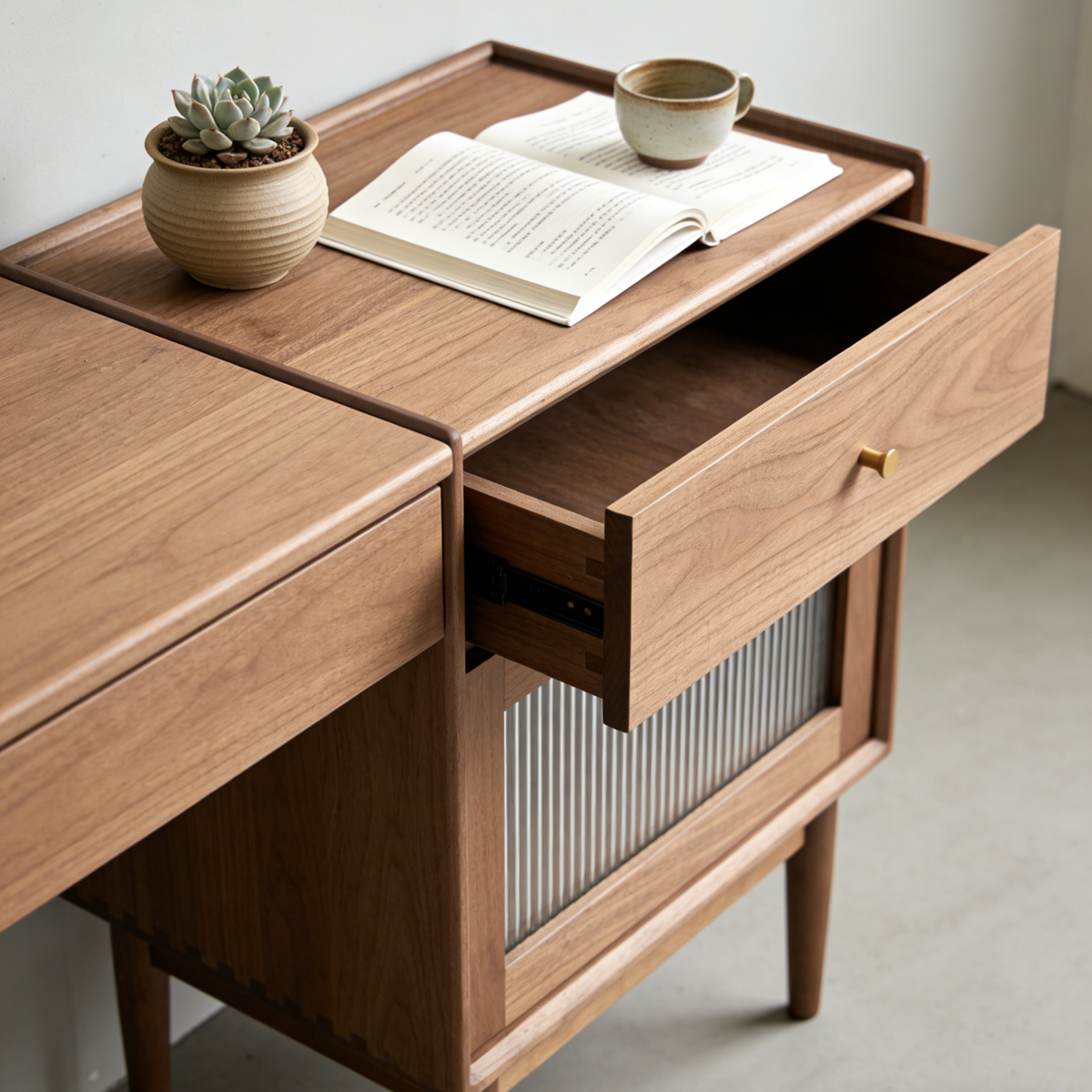 Walnut Nightstand with Drawer & Fluted Glass Door - Rustic Mid-Century Bedside Table