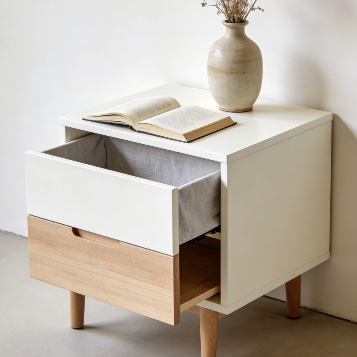 Two-Tone Wood & White Nightstand - 2-Drawer Bedside Table with Fabric Lined Drawer