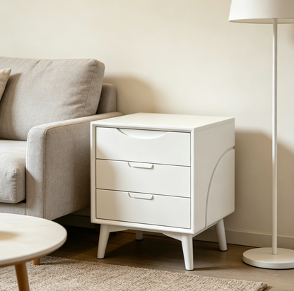 All-White Three-Drawer Curved Nightstand - Minimalist Nordic Bedside Storage Cabinet