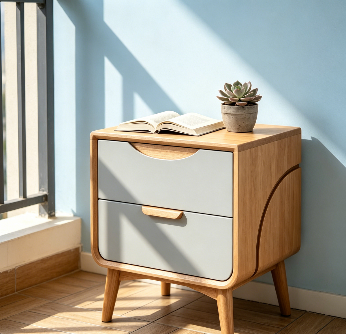 Two-Tone Wood Nightstand - Oak & Grey Drawer Modern Bedside Storage Cabinet