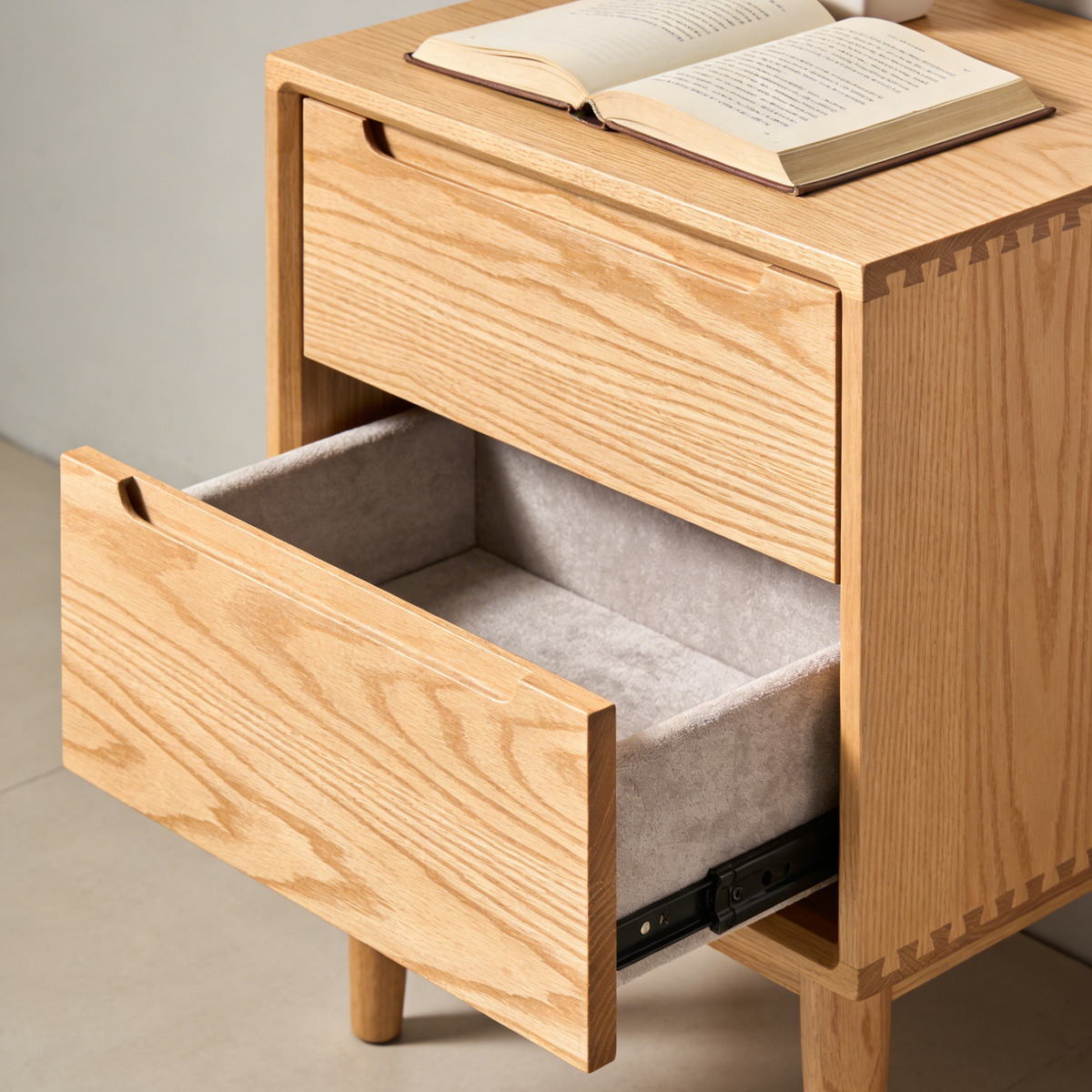Natural Oak 2-Drawer Nightstand - Mid-Century Bedside Table with Velvet Lined Drawers