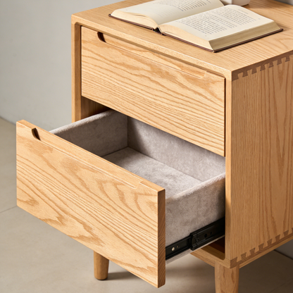 Natural Oak 2-Drawer Nightstand - Mid-Century Bedside Table with Velvet Lined Drawers