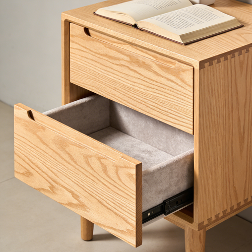Natural Oak 2-Drawer Nightstand - Mid-Century Bedside Table with Velvet Lined Drawers