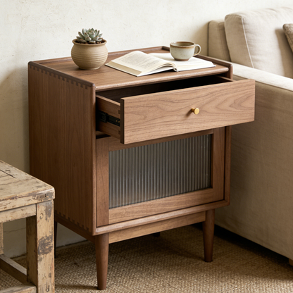 Walnut Nightstand with Drawer & Fluted Glass Door - Rustic Mid-Century Bedside Table