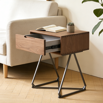 Walnut Wood Side Table with Drawer - Industrial Metal Frame Nightstand for Living Room & Bedroom