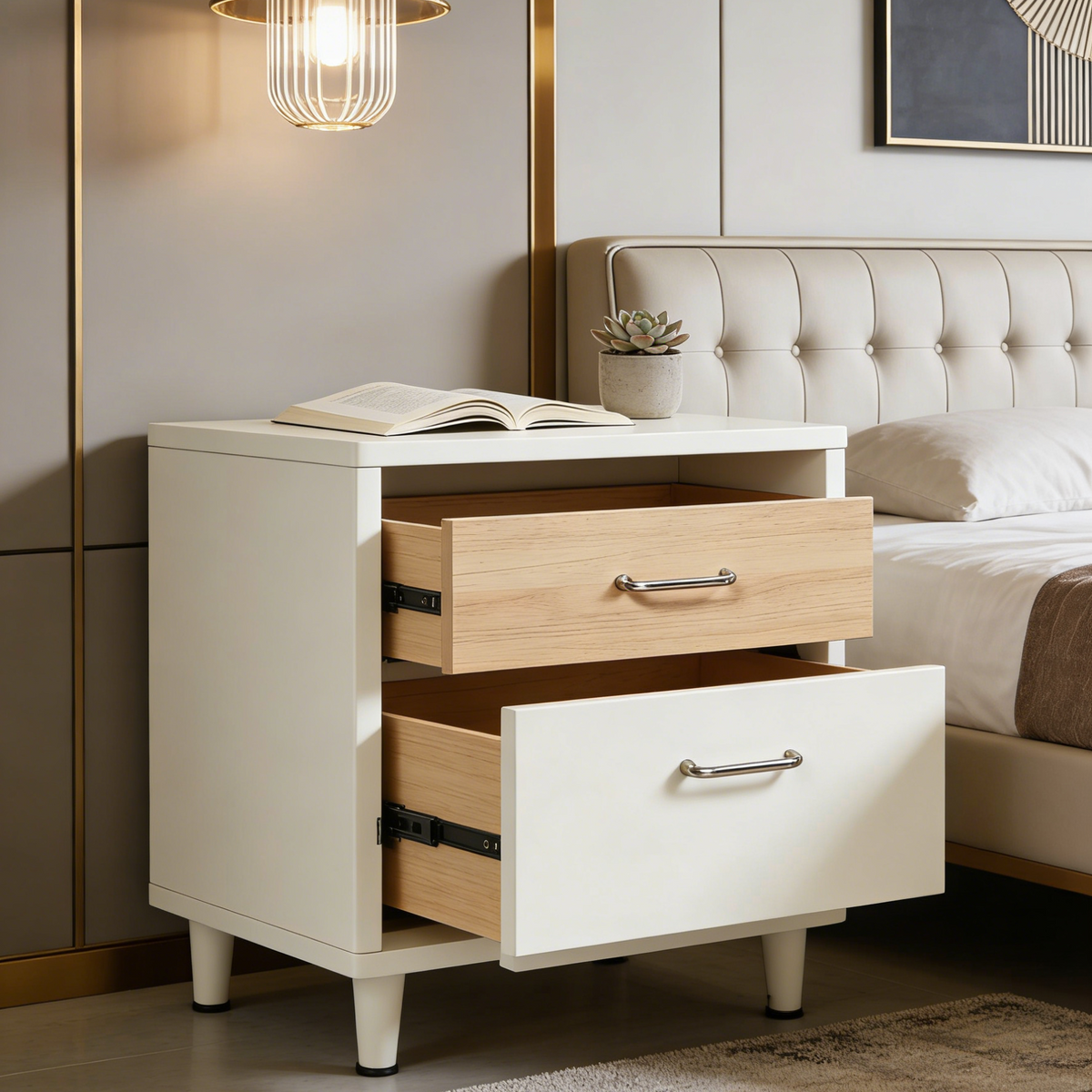 Cream & Wood 2-Drawer Nightstand - Mid-Century Modern Bedside Table with Tapered Legs