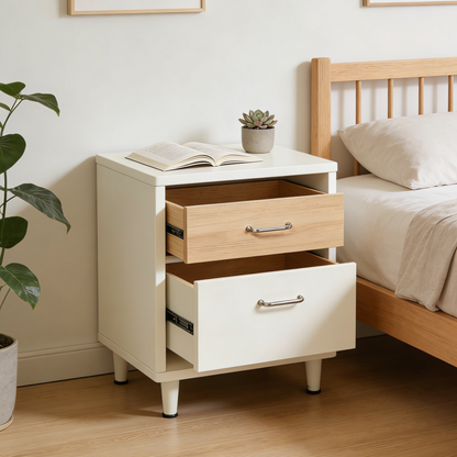 Cream & Wood 2-Drawer Nightstand - Mid-Century Modern Bedside Table with Tapered Legs