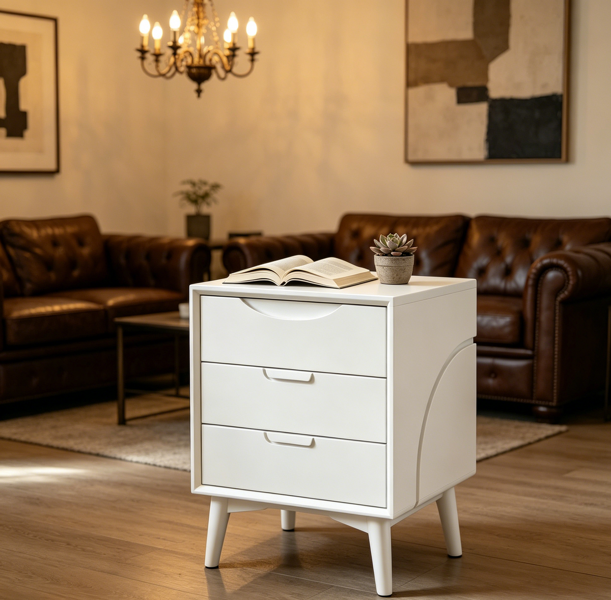 All-White Three-Drawer Curved Nightstand - Minimalist Nordic Bedside Storage Cabinet