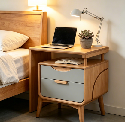 Two-Tone Wood Nightstand - Oak & Grey Drawer Modern Bedside Storage Cabinet