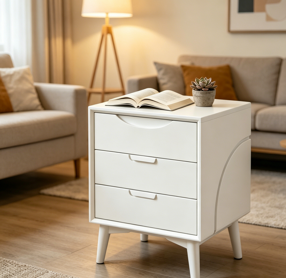 All-White Three-Drawer Curved Nightstand - Minimalist Nordic Bedside Storage Cabinet
