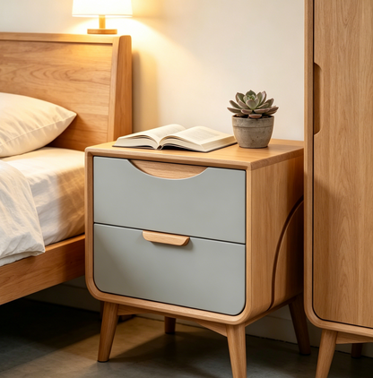 Two-Tone Wood Nightstand - Oak & Grey Drawer Modern Bedside Storage Cabinet