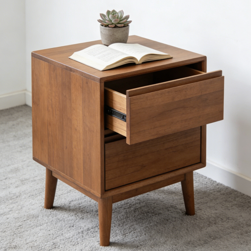 Dark Walnut 2-Drawer Nightstand - Minimalist Mid-Century Bedside Table for Bedroom