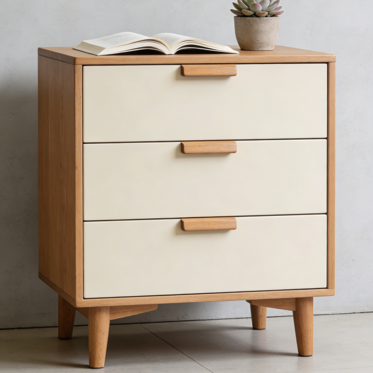 Oak & Cream 3-Drawer Nightstand - Modern Bedside Table with Wooden Handles