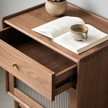 Walnut Nightstand with Drawer & Fluted Glass Door - Rustic Mid-Century Bedside Table