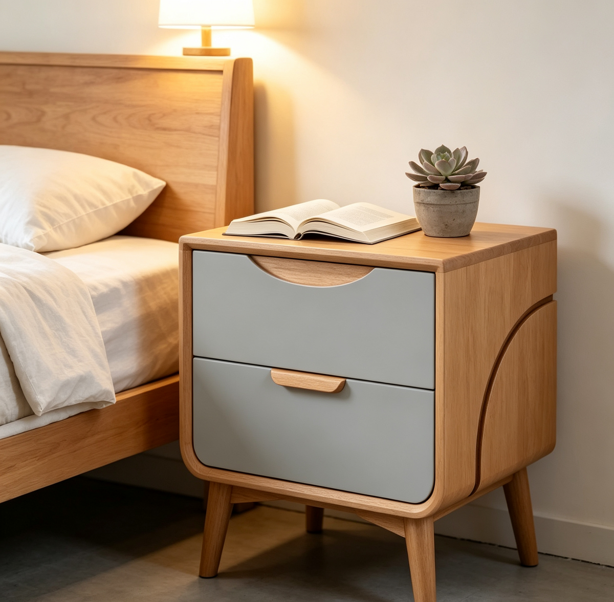 Two-Tone Wood Nightstand - Oak & Grey Drawer Modern Bedside Storage Cabinet