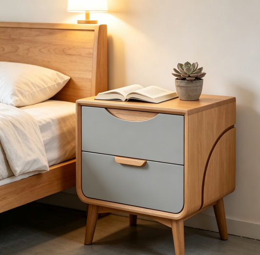 Two-Tone Wood Nightstand - Oak & Grey Drawer Modern Bedside Storage Cabinet