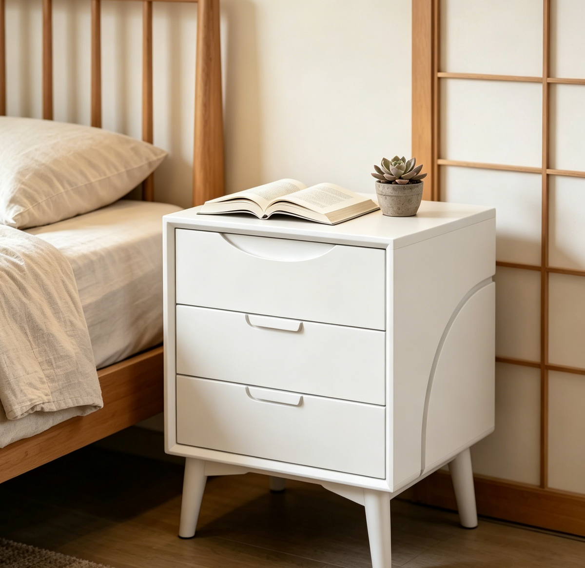 All-White Three-Drawer Curved Nightstand - Minimalist Nordic Bedside Storage Cabinet