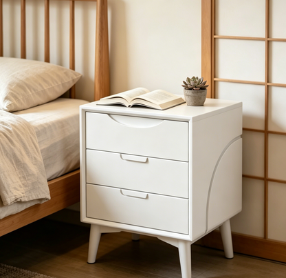 All-White Three-Drawer Curved Nightstand - Minimalist Nordic Bedside Storage Cabinet