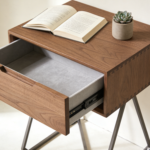 Walnut Wood Side Table with Drawer - Industrial Metal Frame Nightstand for Living Room & Bedroom