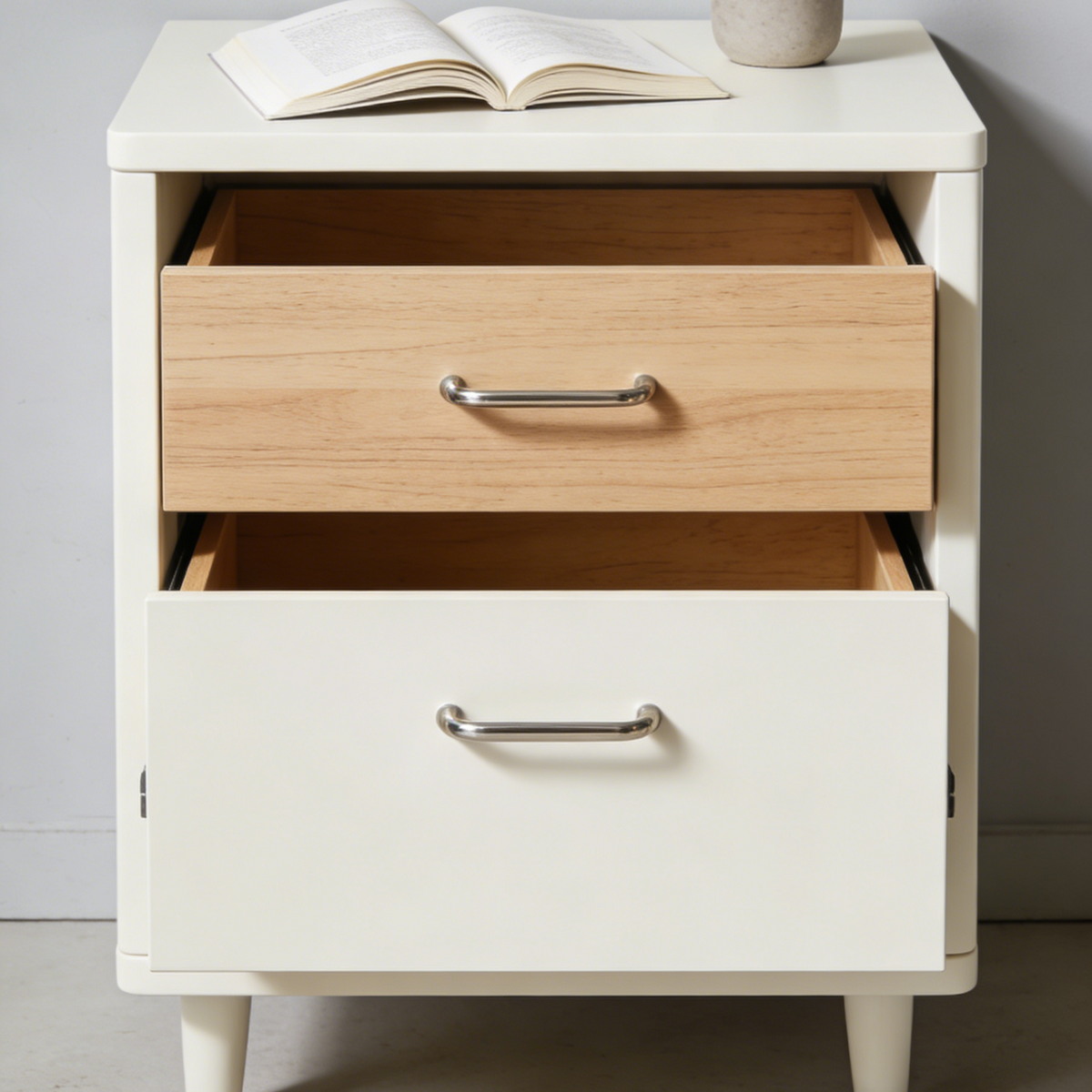 Cream & Wood 2-Drawer Nightstand - Mid-Century Modern Bedside Table with Tapered Legs