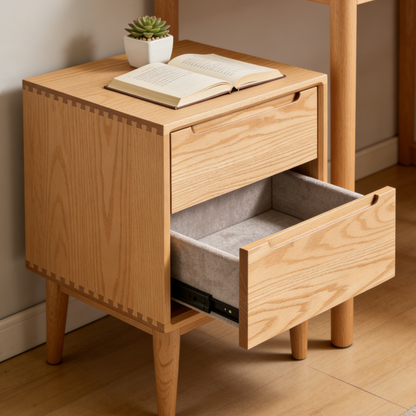 Natural Oak 2-Drawer Nightstand - Mid-Century Bedside Table with Velvet Lined Drawers