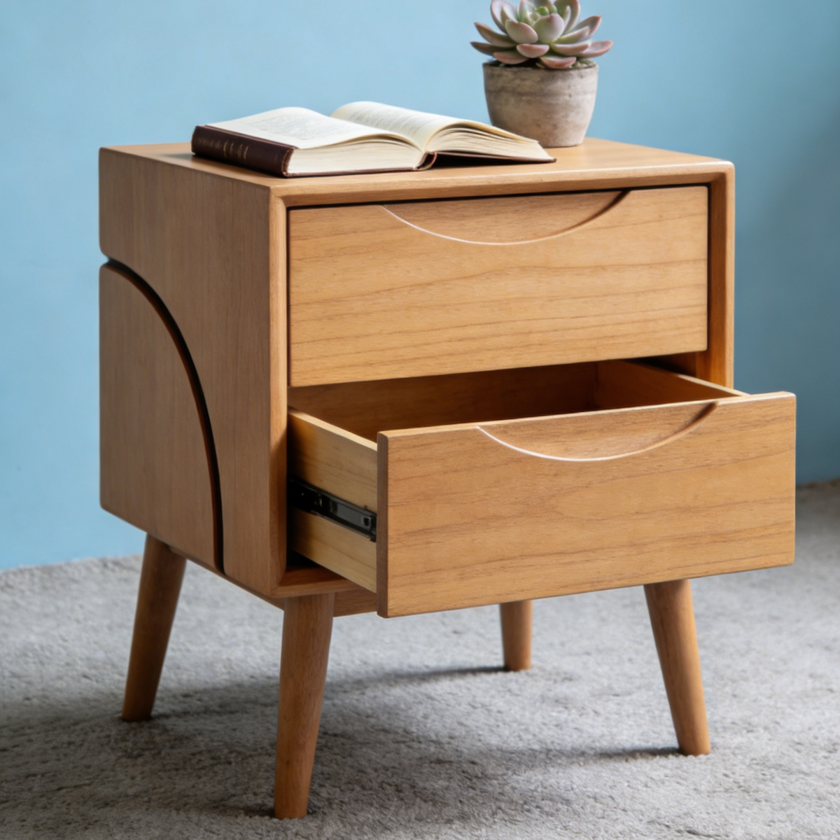 Curved Side Oak 2-Drawer Nightstand - Mid-Century Modern Bedside Table with Crescent Handles
